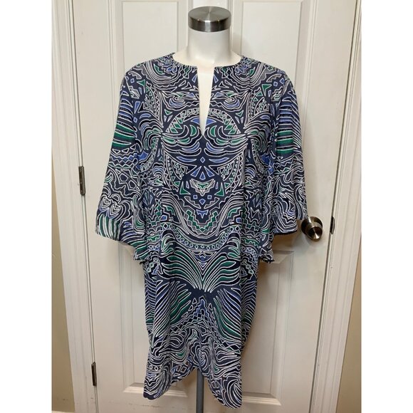 BCBG Max Azria Tati Blue Green Geometric Sheer Cover-Up Tunic, Size XS - Picture 1 of 9